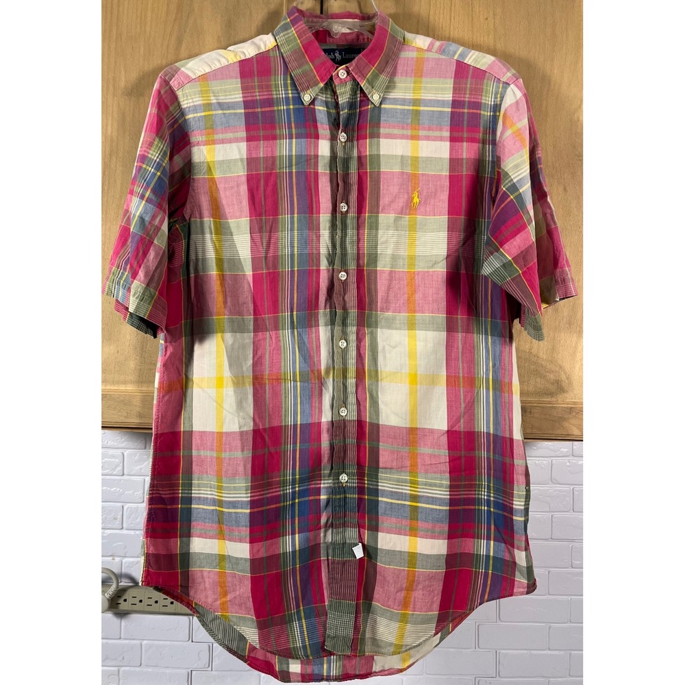 Ralph Lauren Button Down Shirt Mens Medium Pink Madras Plaid Short Sleeve Pony